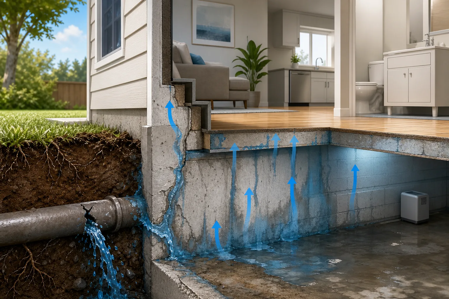 Water damage pathways in a residential building