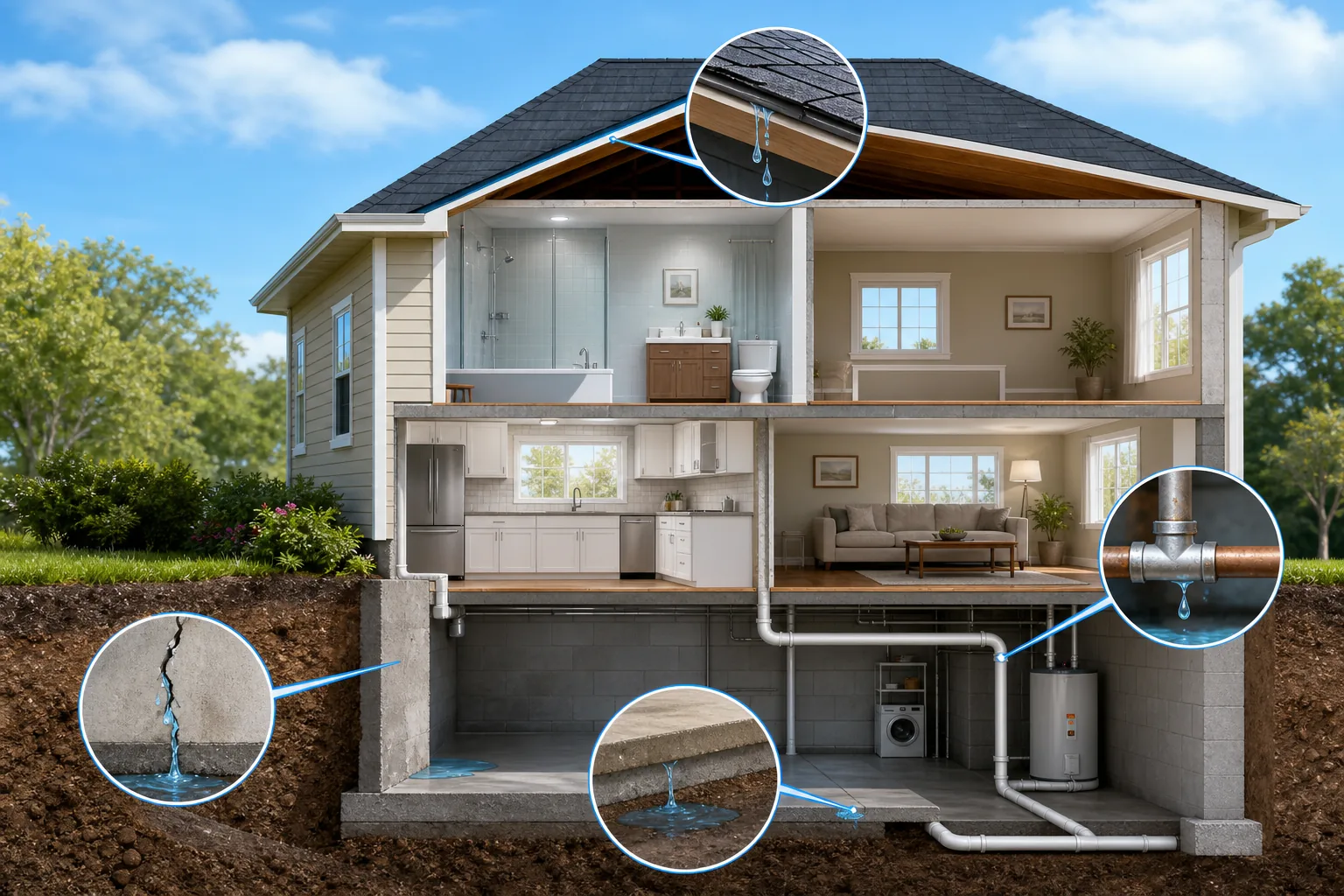 Common water leak sources in a residential building