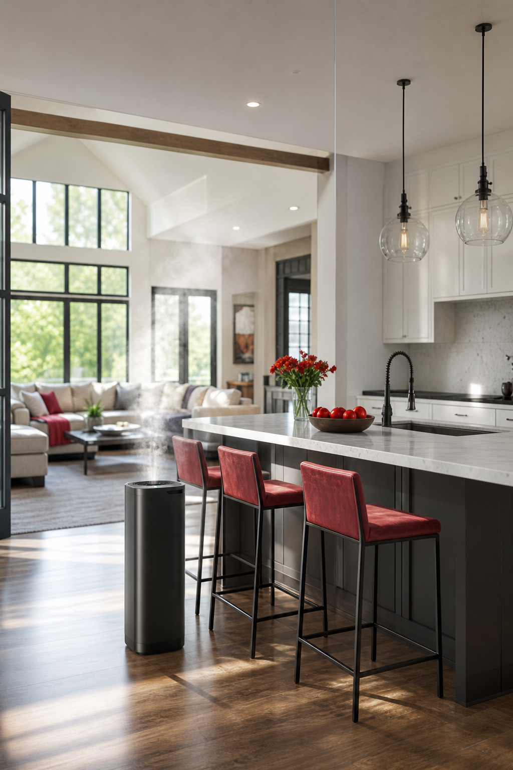 high-flow cold air diffuser in a large open concept kitchen living space.