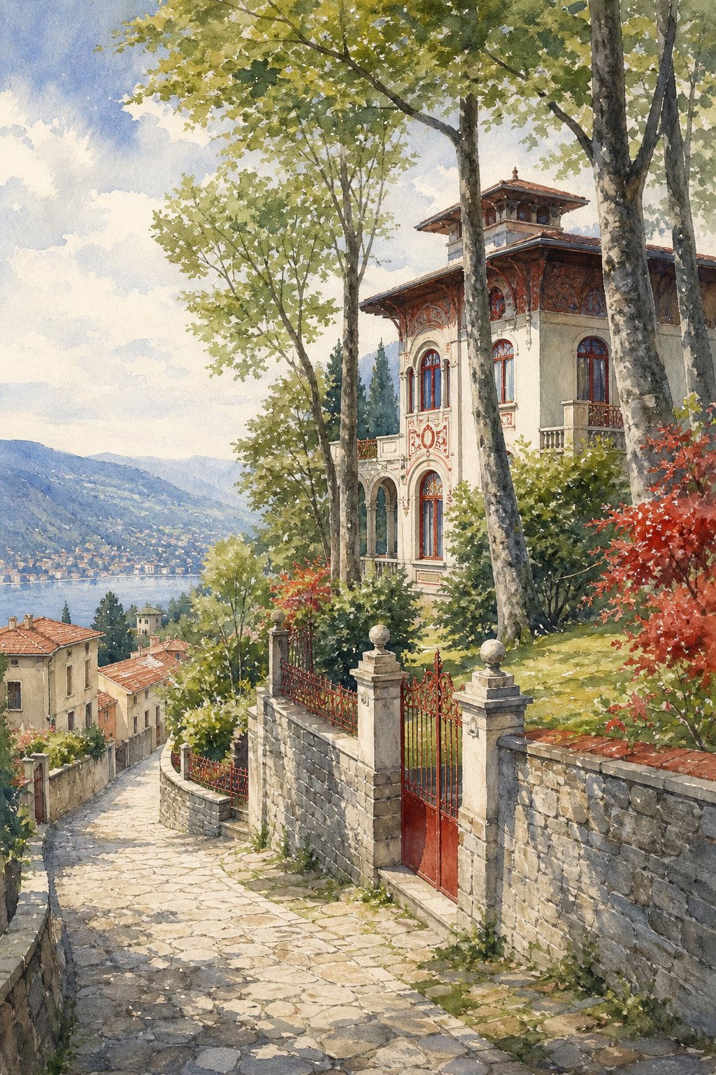 A watercolor illustration of Brunate’s stone streets winding up the hill, with the Art Nouveau Villino Rubini estate nes