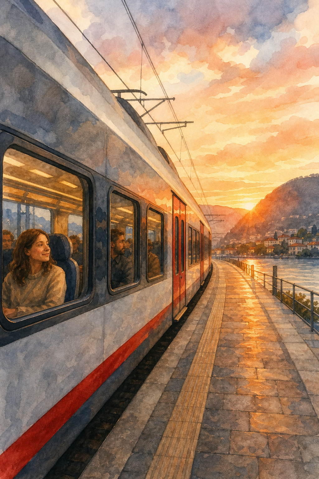 A watercolor scene of a train leaving Como station at sunset, with passengers looking content, alt: Train departing from