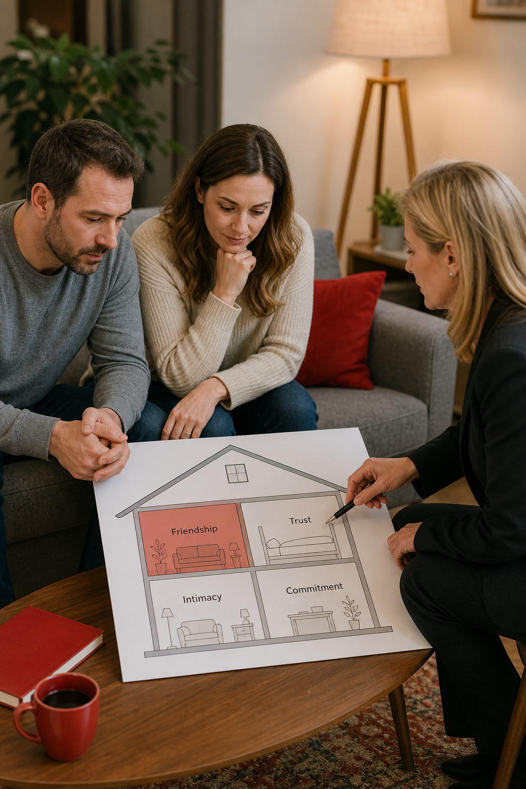 A realistic scene of a therapist and a couple reviewing a diagram of a house with rooms labeled Friendship, Trust, Intim