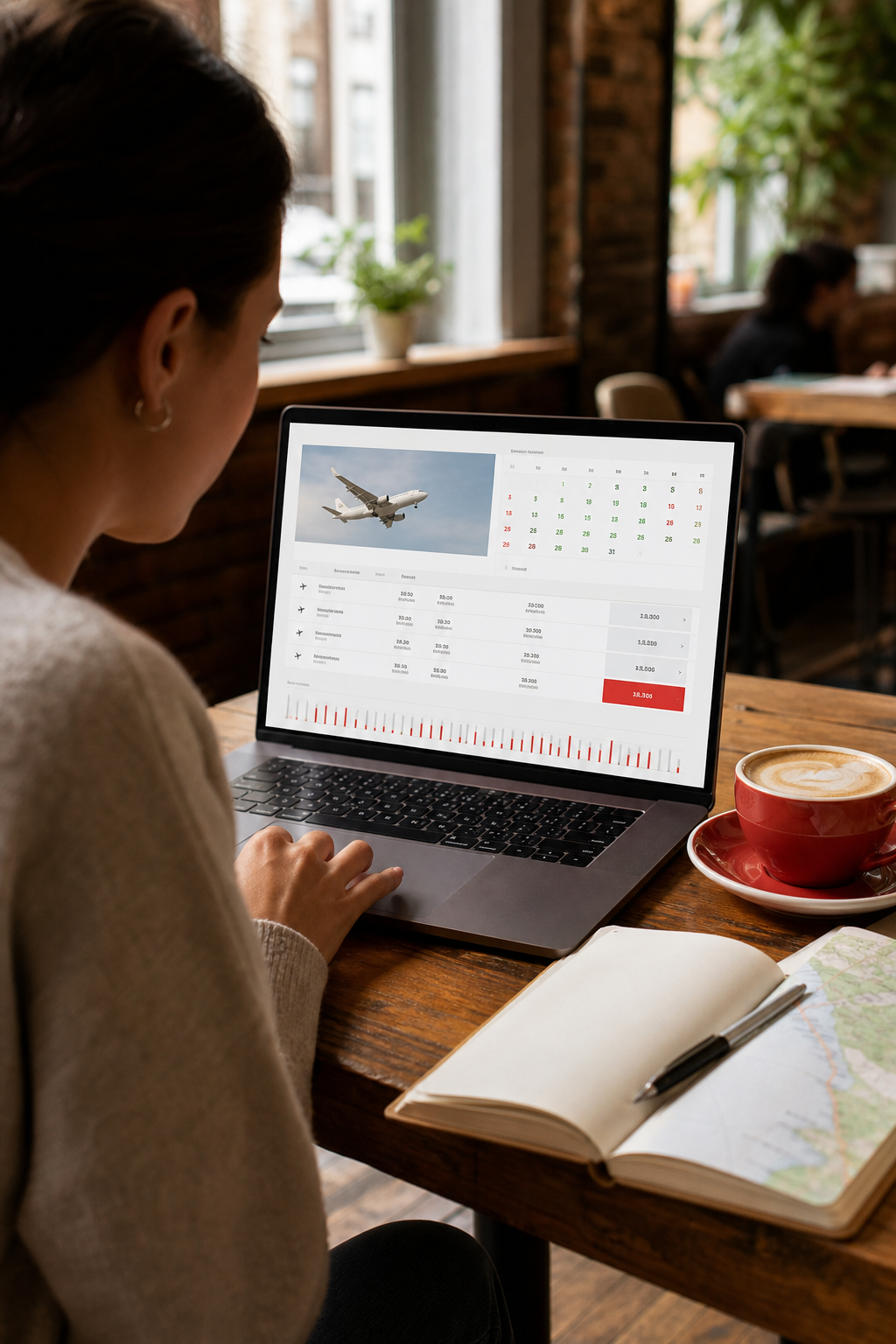traveler searching for the best day to book flights on a laptop at a café.