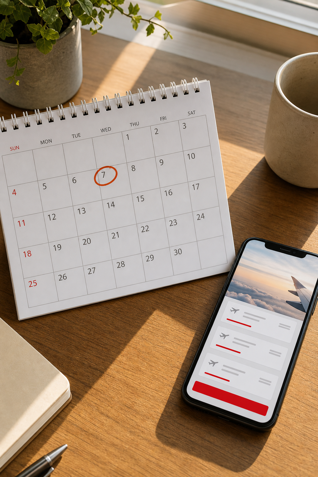 Wednesday circled on calendar next to phone showing flight prices, best day to book flights.