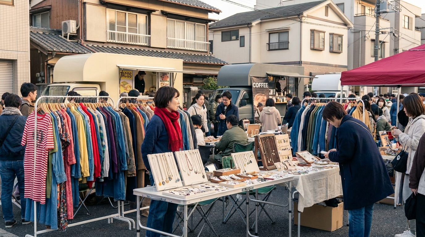 Shimokitazawa vintage market flea market Tokyo outdoor stalls.