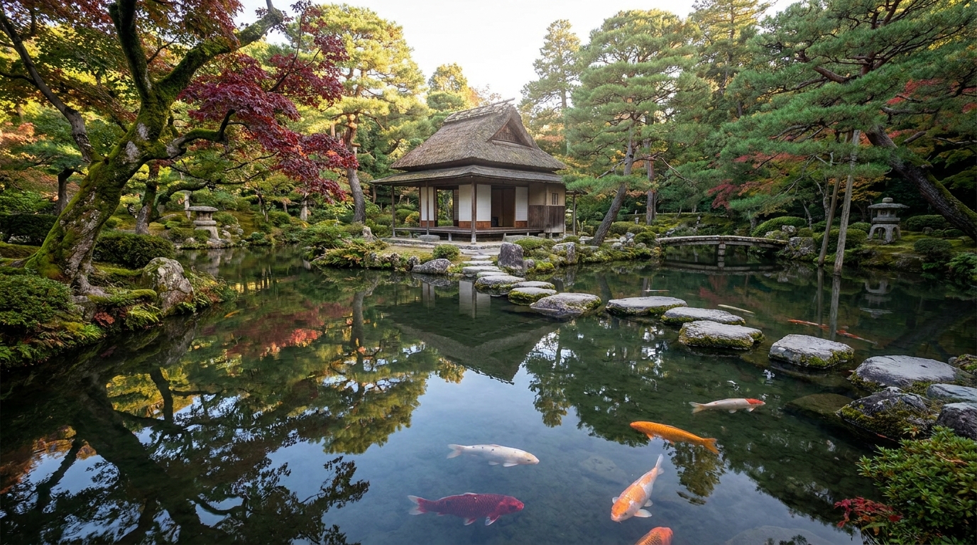 Kiyosumi Garden Tokyo traditional Japanese garden teahouse pond.
