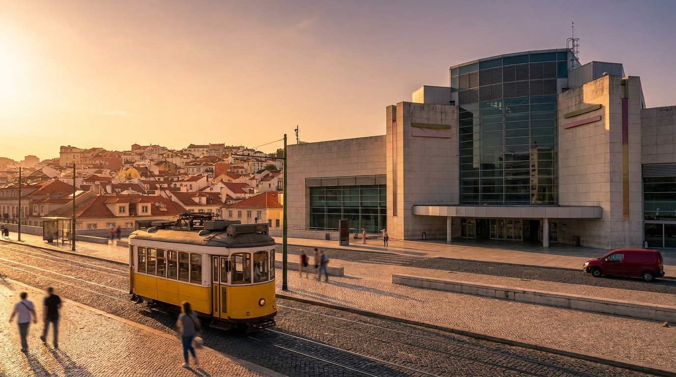 Arriving in Lisbon Portugal airport with city trams and rooftops visible.