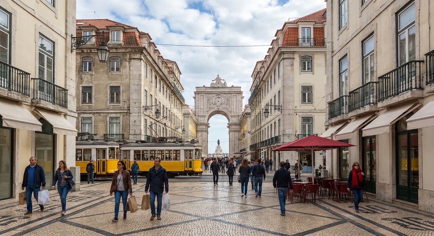 Rua Augusta pedestrian street in Baixa Lisbon leading to the Arco da Rua Augusta.