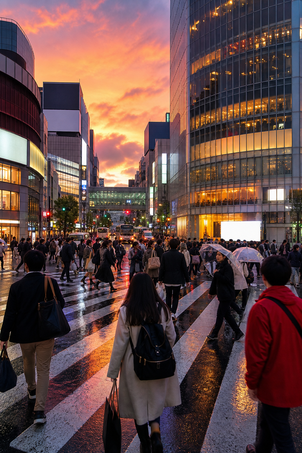 Shibuya Crossing at dusk, Tokyo's busiest intersection, best area to stay for first-time visitors.