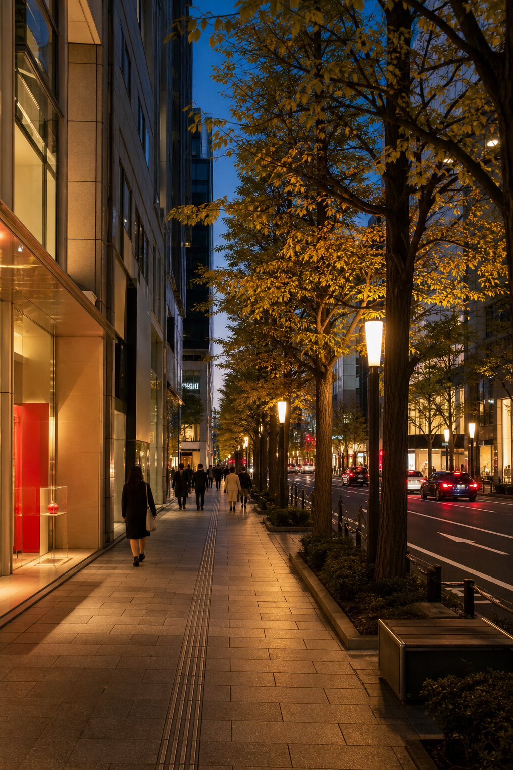 Ginza Tokyo at twilight, upscale shopping district and quiet neighborhood for first‑time visitors.