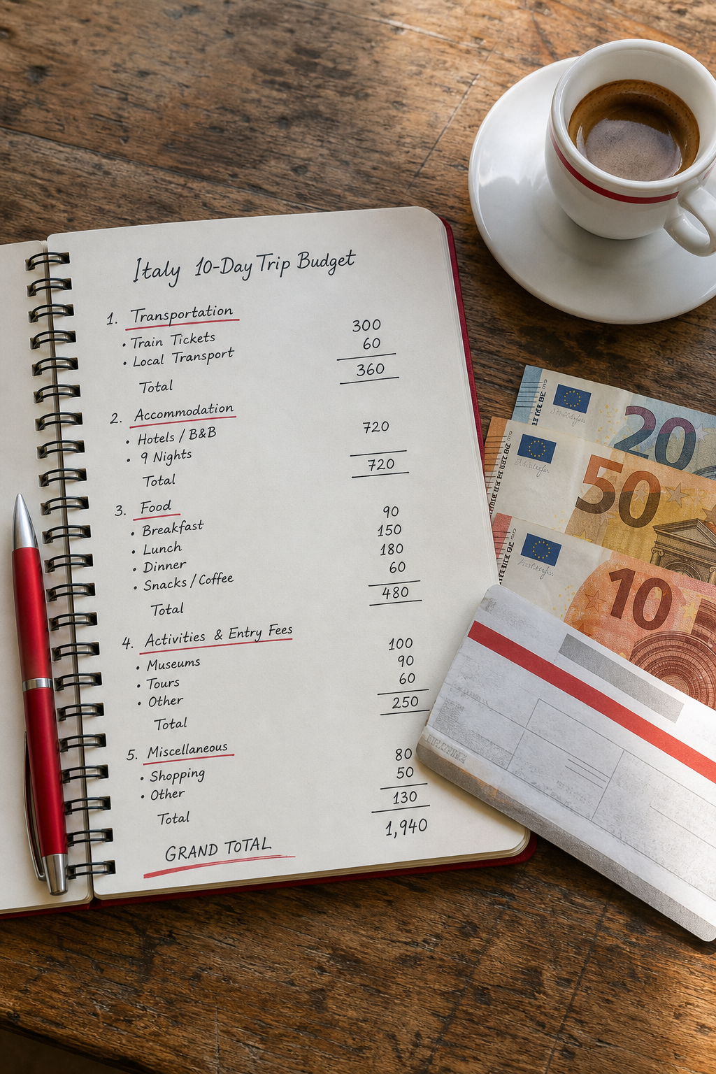 Italy travel budget breakdown for a 10-day itinerary with train tickets and daily costs.