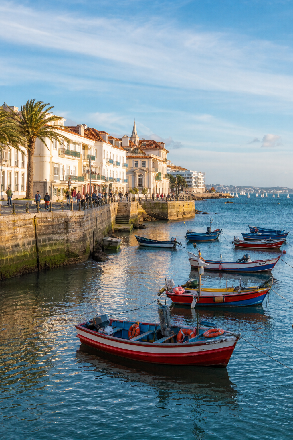 Cascais waterfront day trip from Lisbon with fishing boats and ocean views.