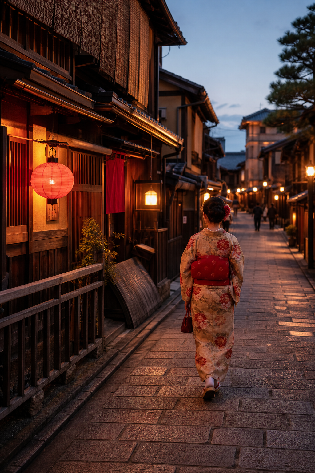 Gion district Kyoto historic teahouses evening.