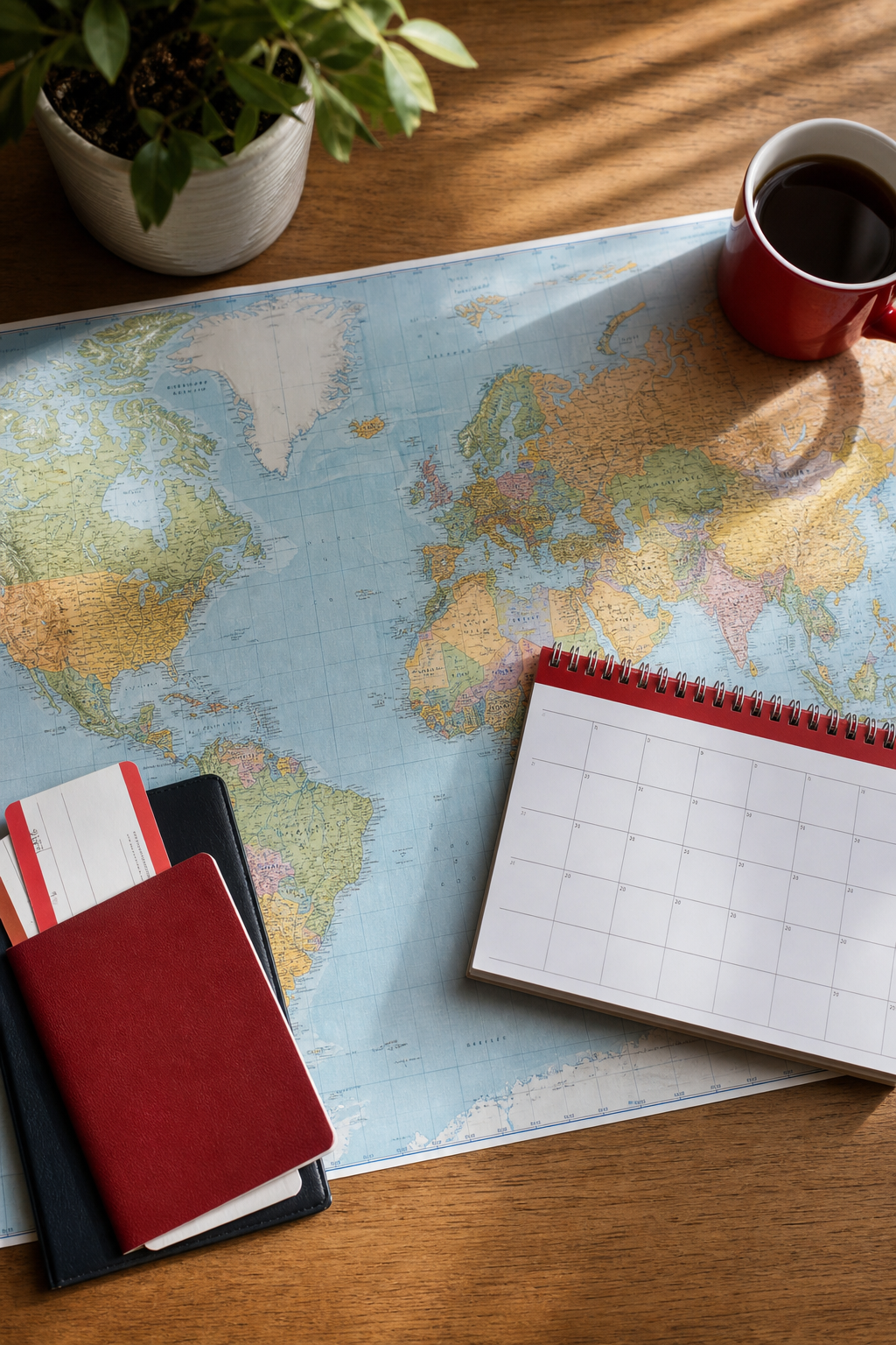 planning international flight booking window with world map and calendar.