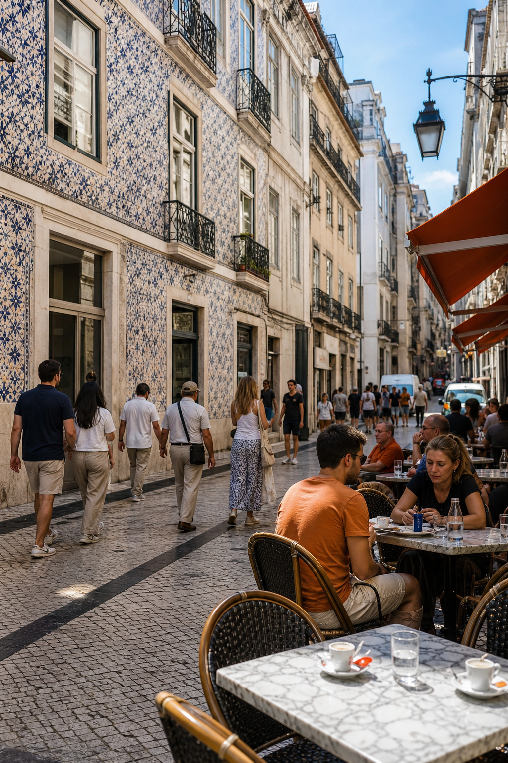 Lisbon café street scene showing typical budget dining options for travelers.