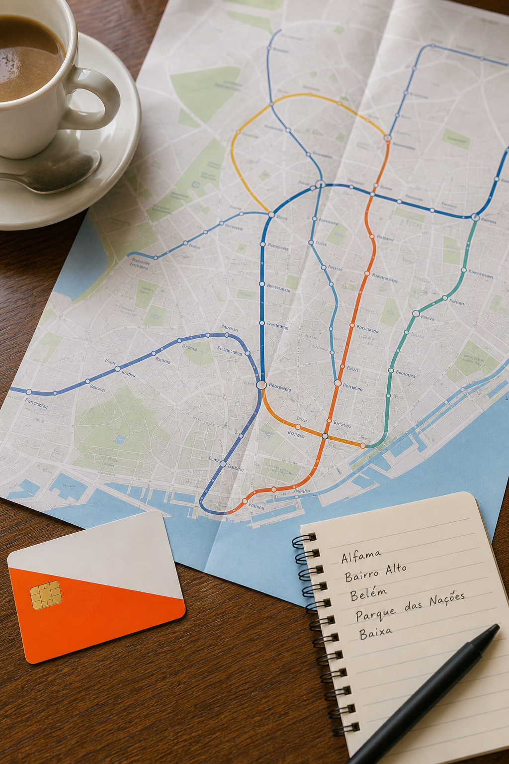 Lisbon travel planning essentials including transit card and neighborhood map for first-time visitors.