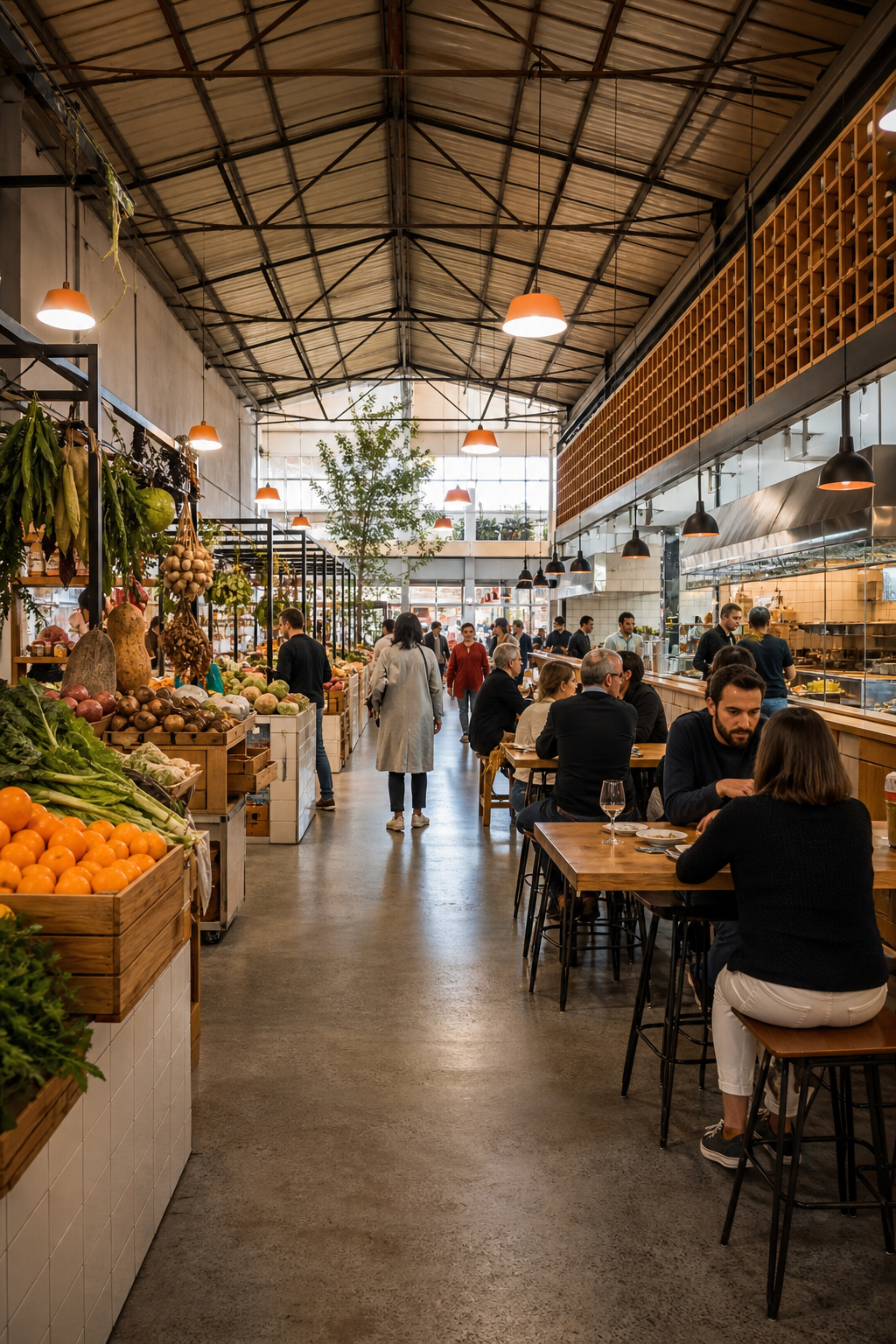 Mercado de Campo de Ourique interior with food court and local shoppers.