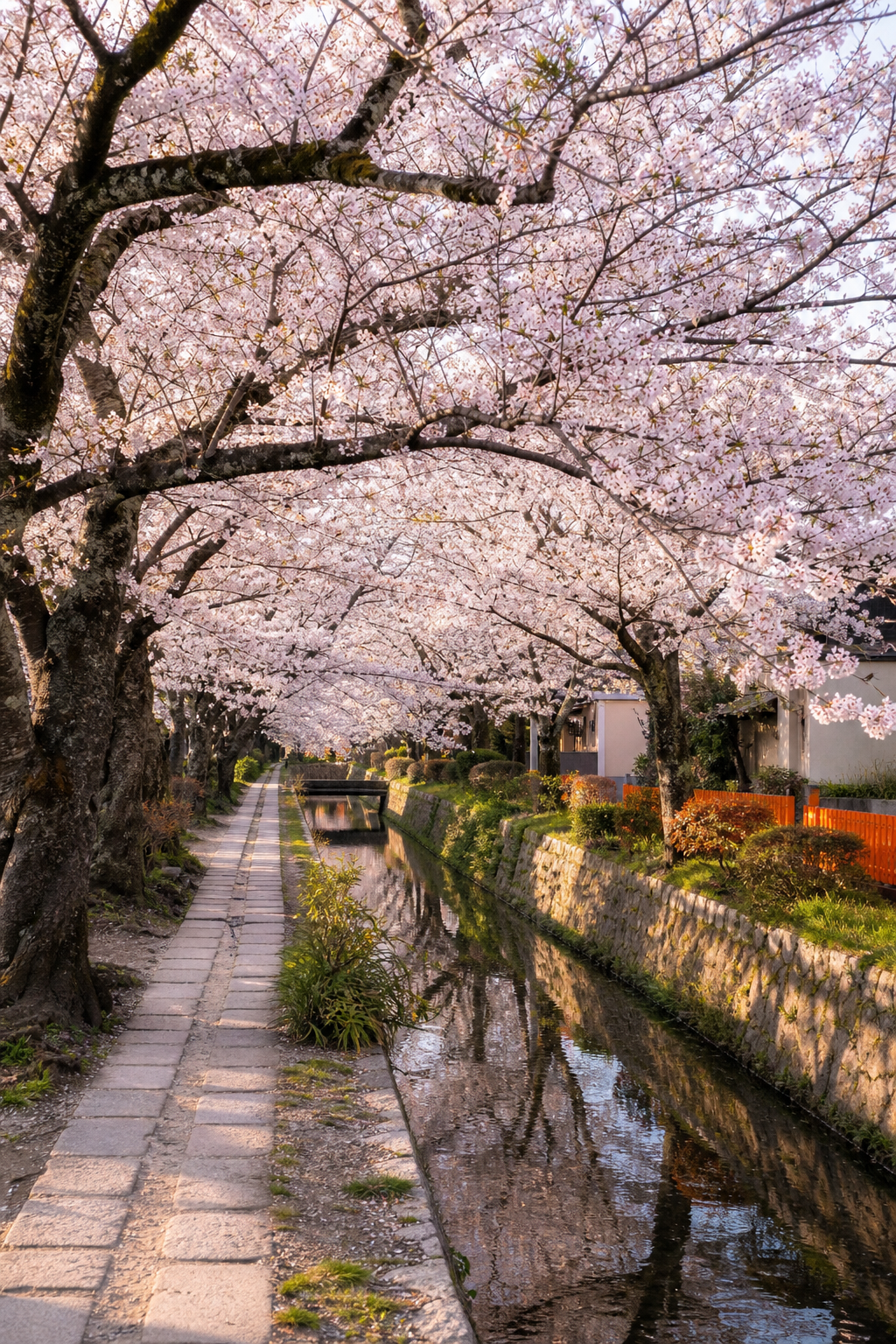 Cherry blossoms along the Path of Philosophy in Kyoto during spring.