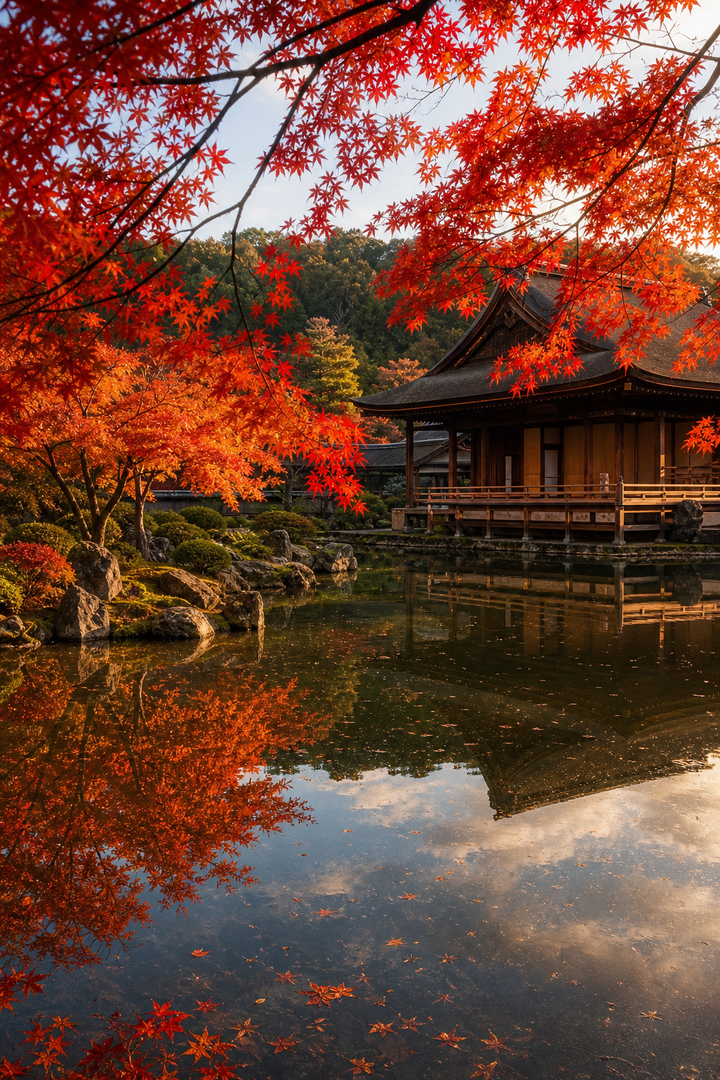 Autumn foliage at a Kyoto temple garden in November with red maple trees reflected in a pond.