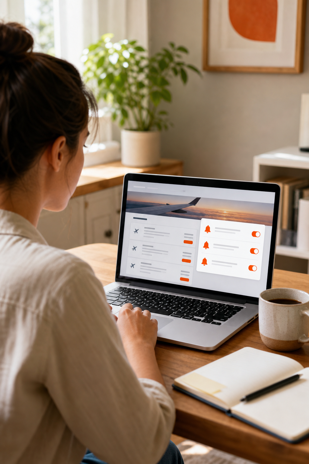 setting up flight price alerts for cheap flights to Europe on a laptop.