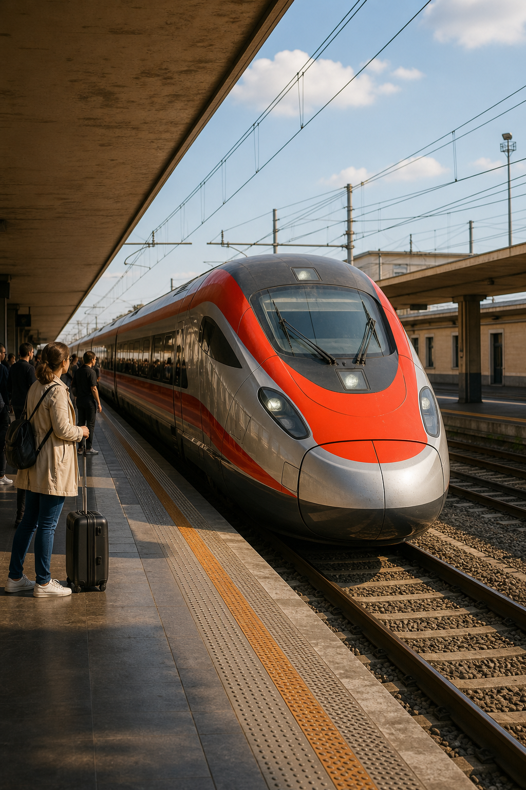 Frecciarossa high-speed train at an Italian station platform.
