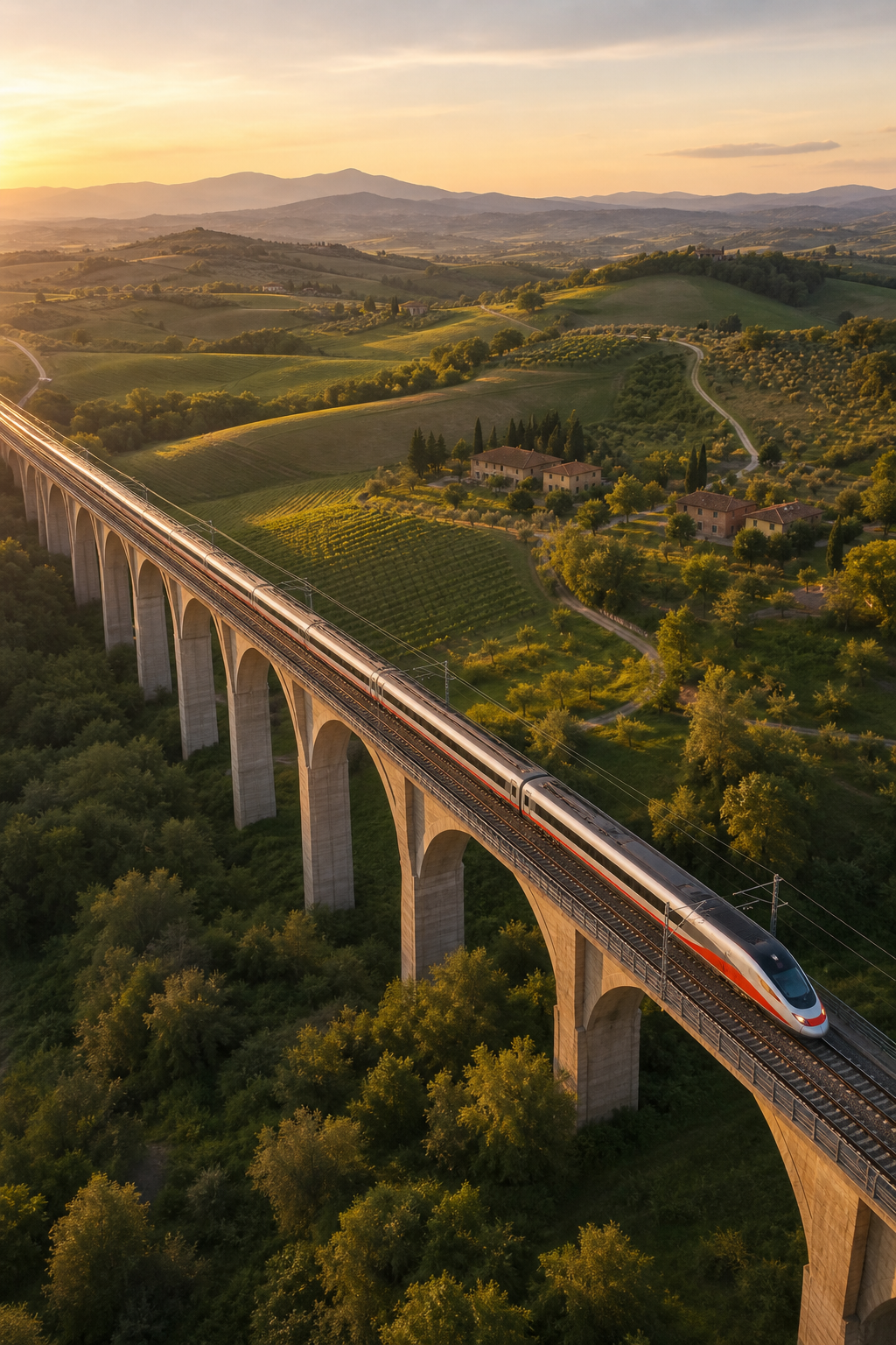 High-speed train crossing Italian countryside viaduct at golden hour.