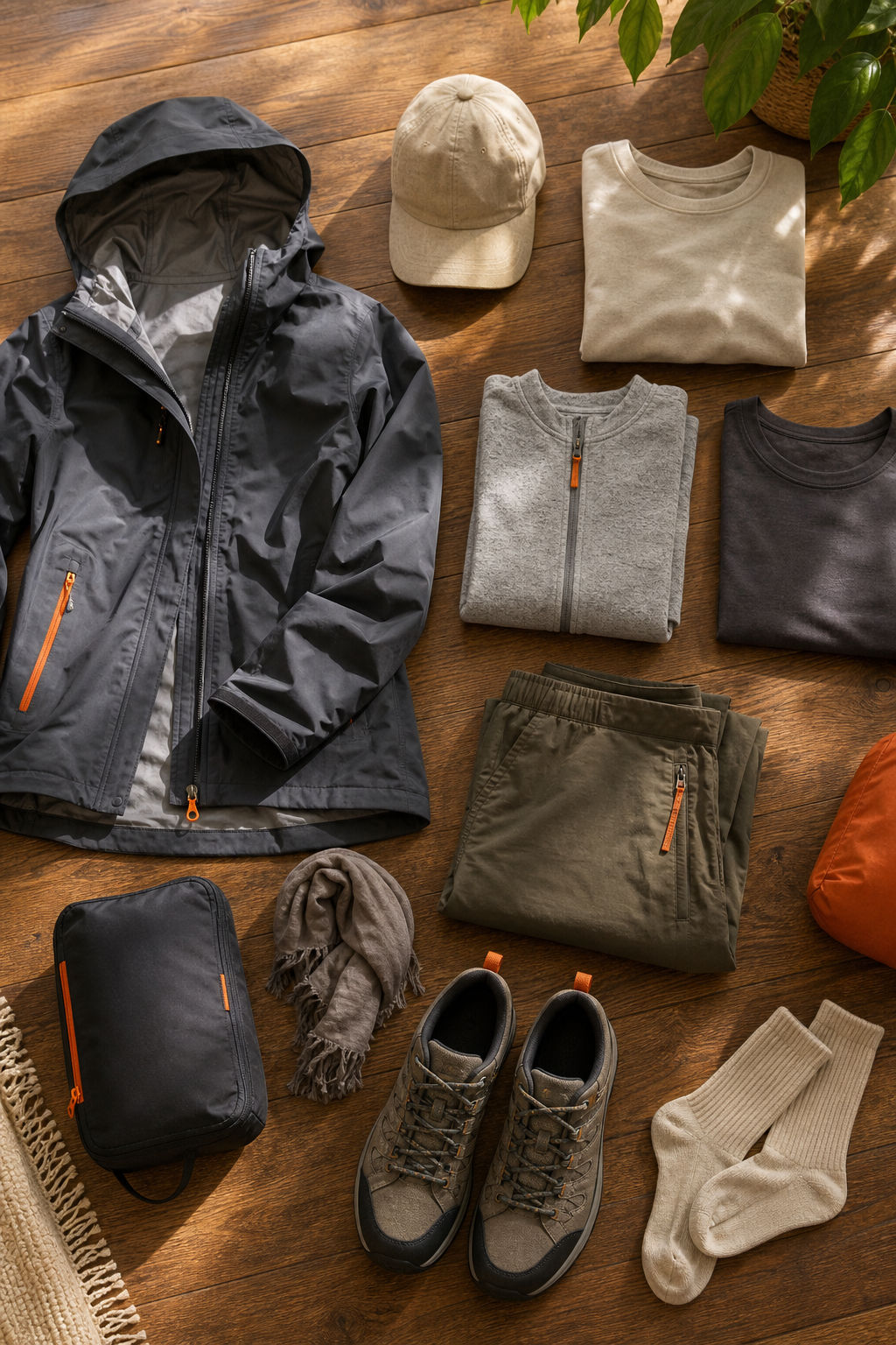 travel clothing essentials laid out for packing including a waterproof jacket and walking shoes.