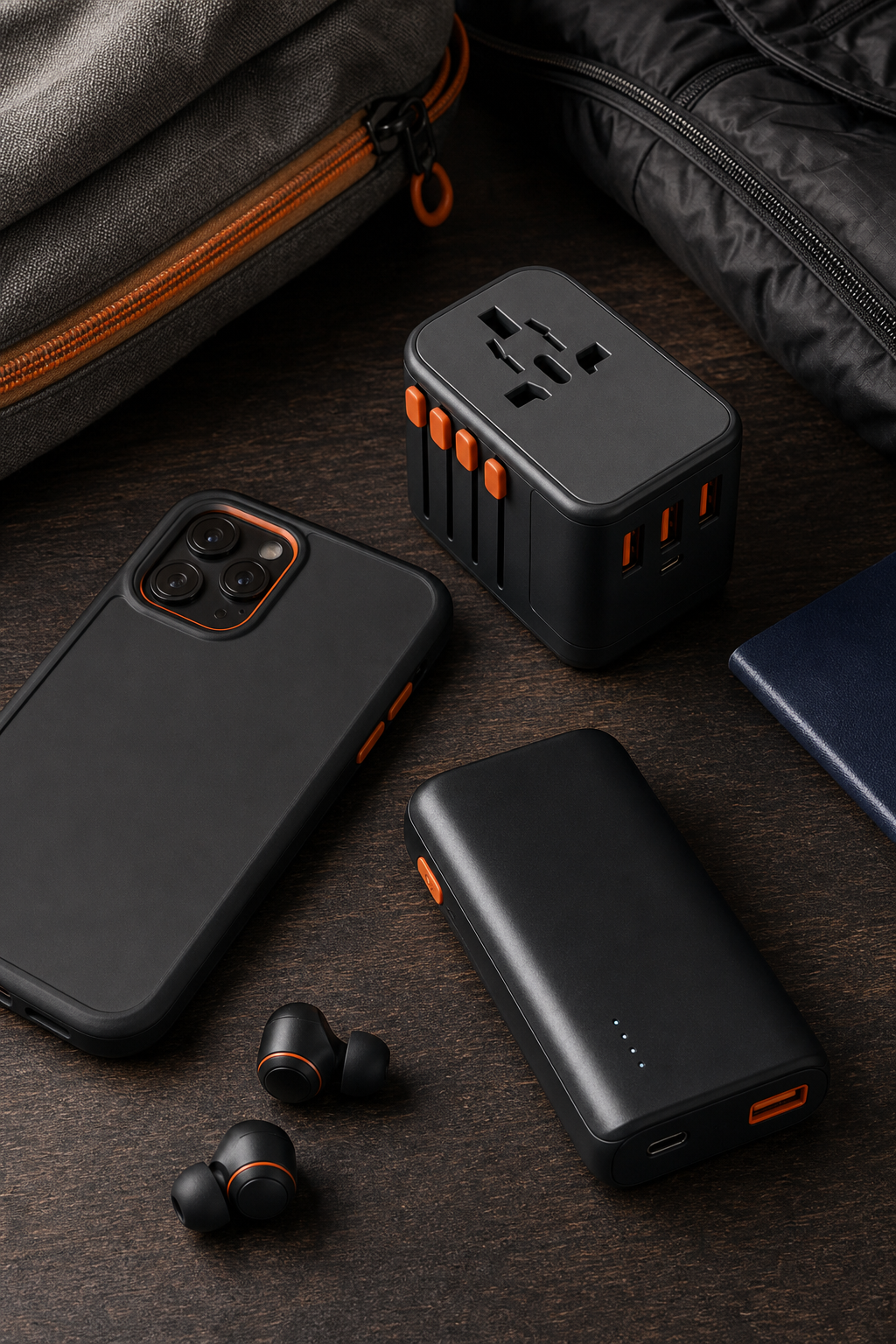 travel electronics essentials including power bank, universal adapter, and smartphone with protective case.