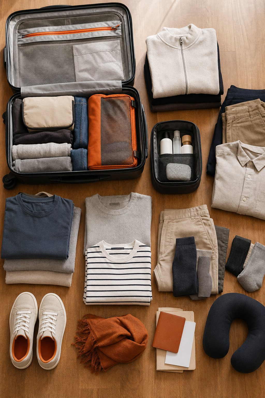 carry on packing layout for two weeks of travel.