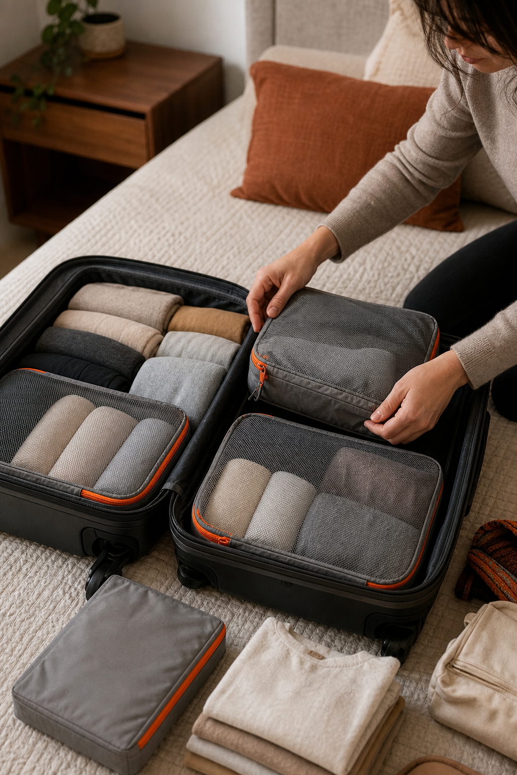 using packing cubes to organize a carry on for two weeks.