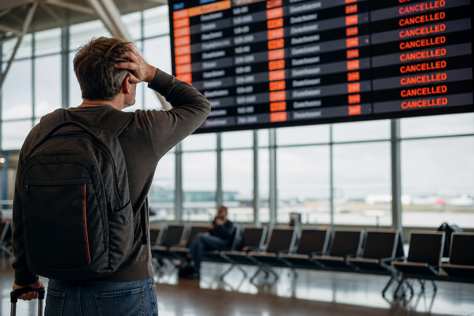 traveler at airport with cancelled flights, illustrating when travel insurance is worth buying.