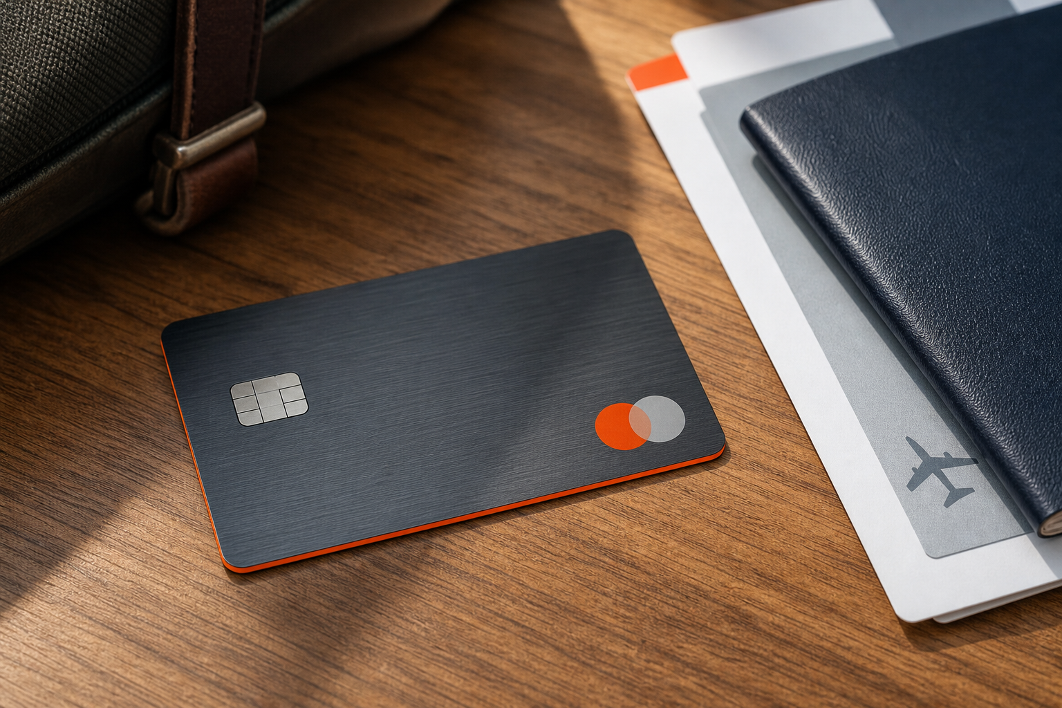 travel credit card next to passport showing built-in travel insurance benefits.