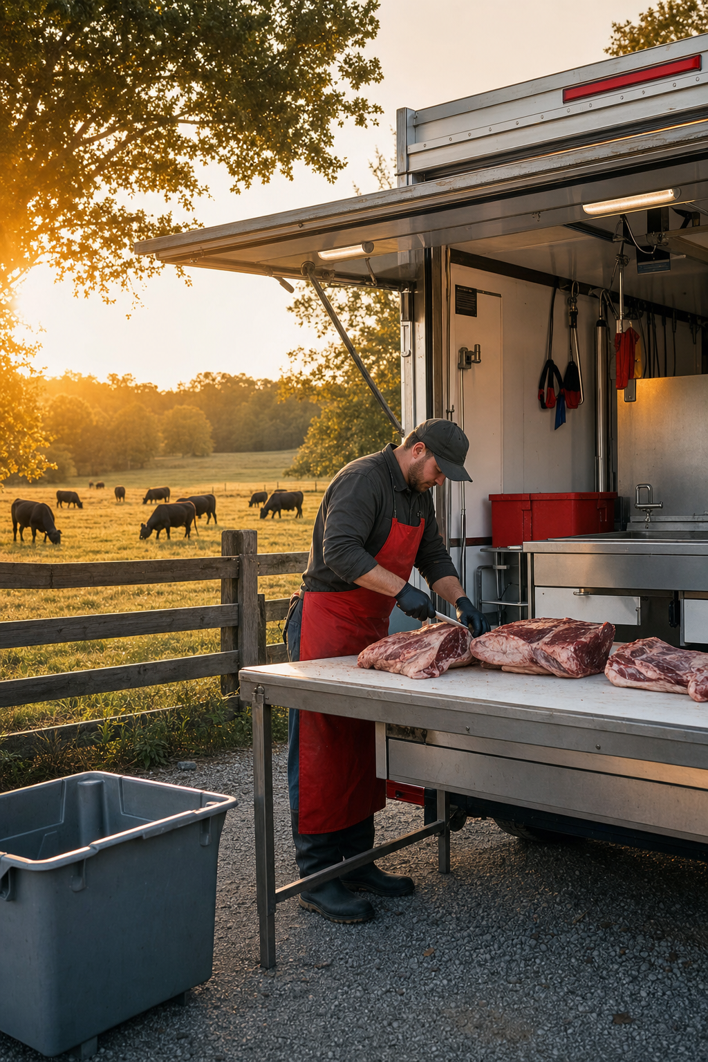 mobile butcher service doing on-site processing at a rural homestead.
