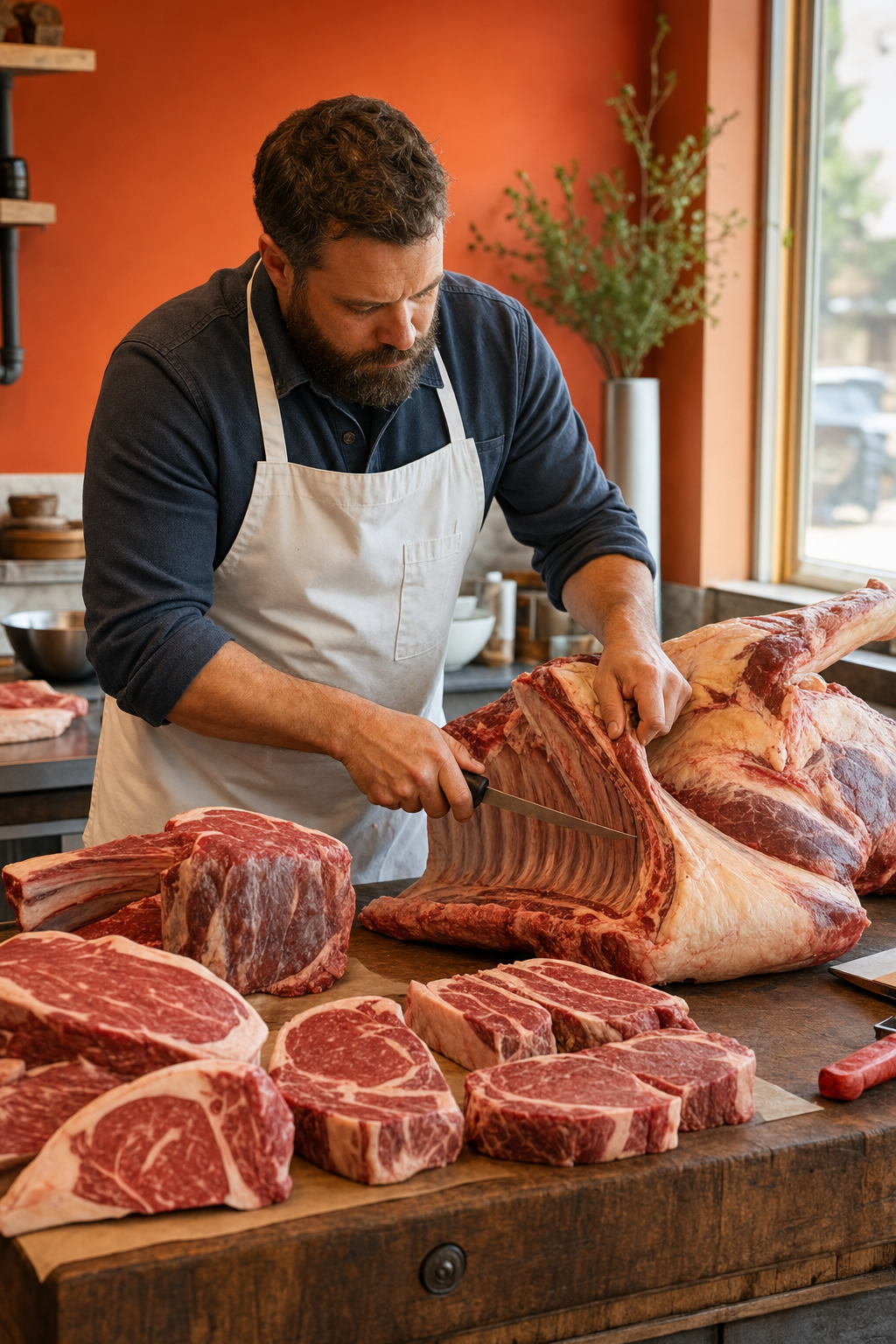 heritage breed butcher cutting grass-fed beef into custom cuts.