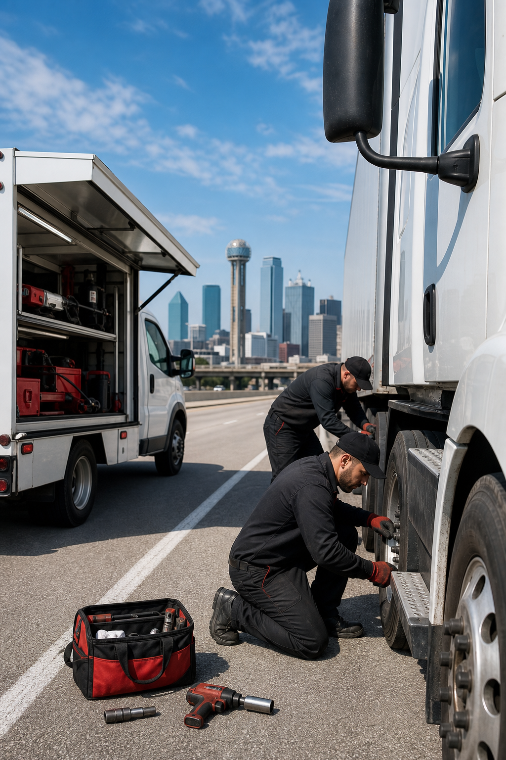 A photorealistic scene of a mobile service truck pulling up beside a semi‑tractor‑trailer on a highway in Dallas, techni