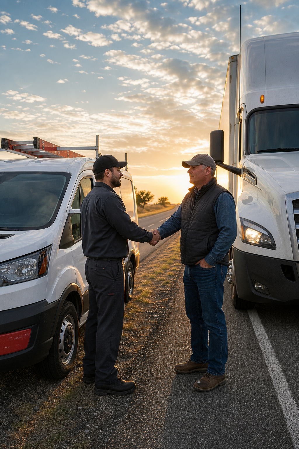 A realistic illustration of a fleet service van parked beside a semi‑truck on a rural Texas highway, driver shaking hand