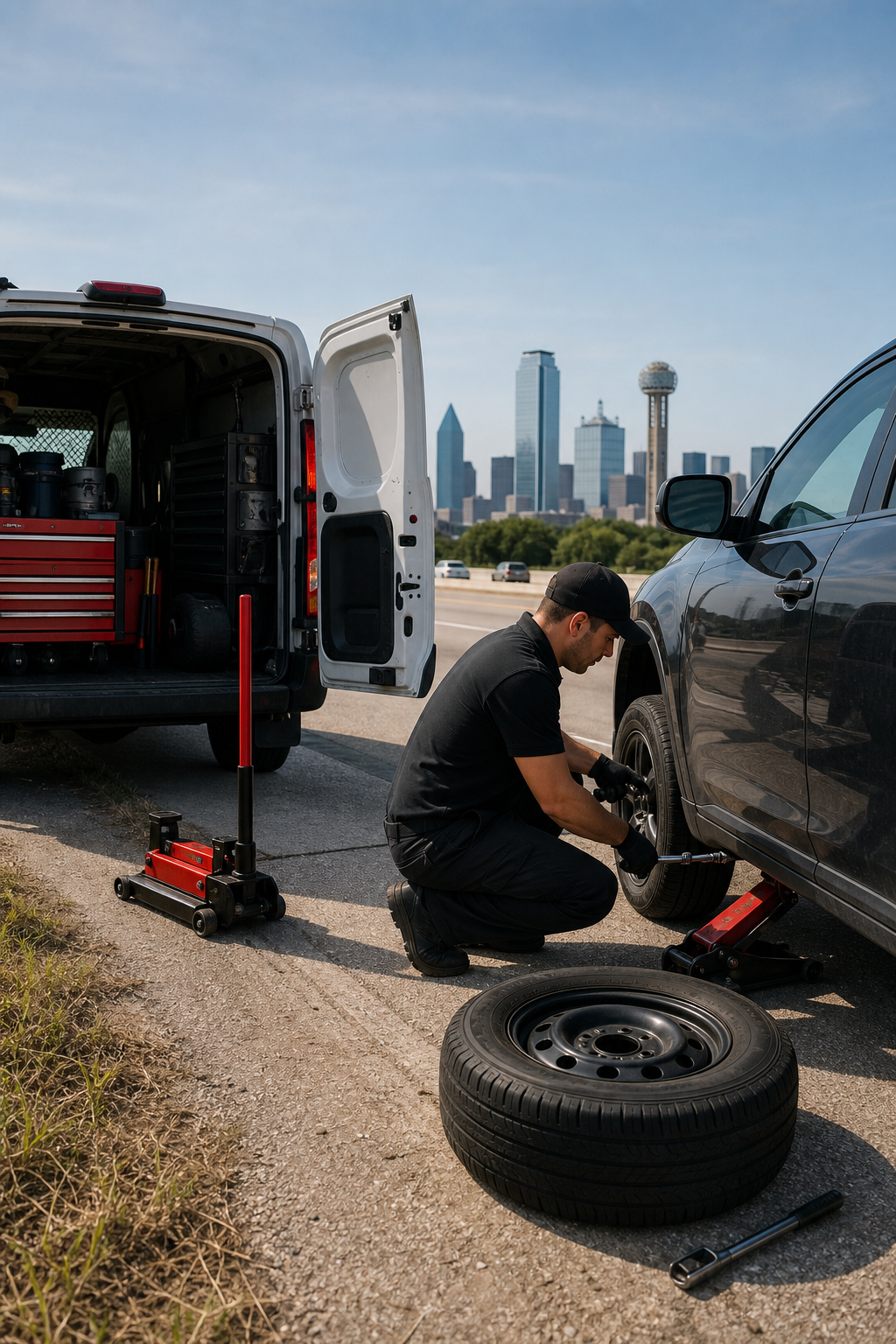 A realistic scene of a mobile tire technician arriving at a roadside location in Dallas‑Fort Worth, with a service van a