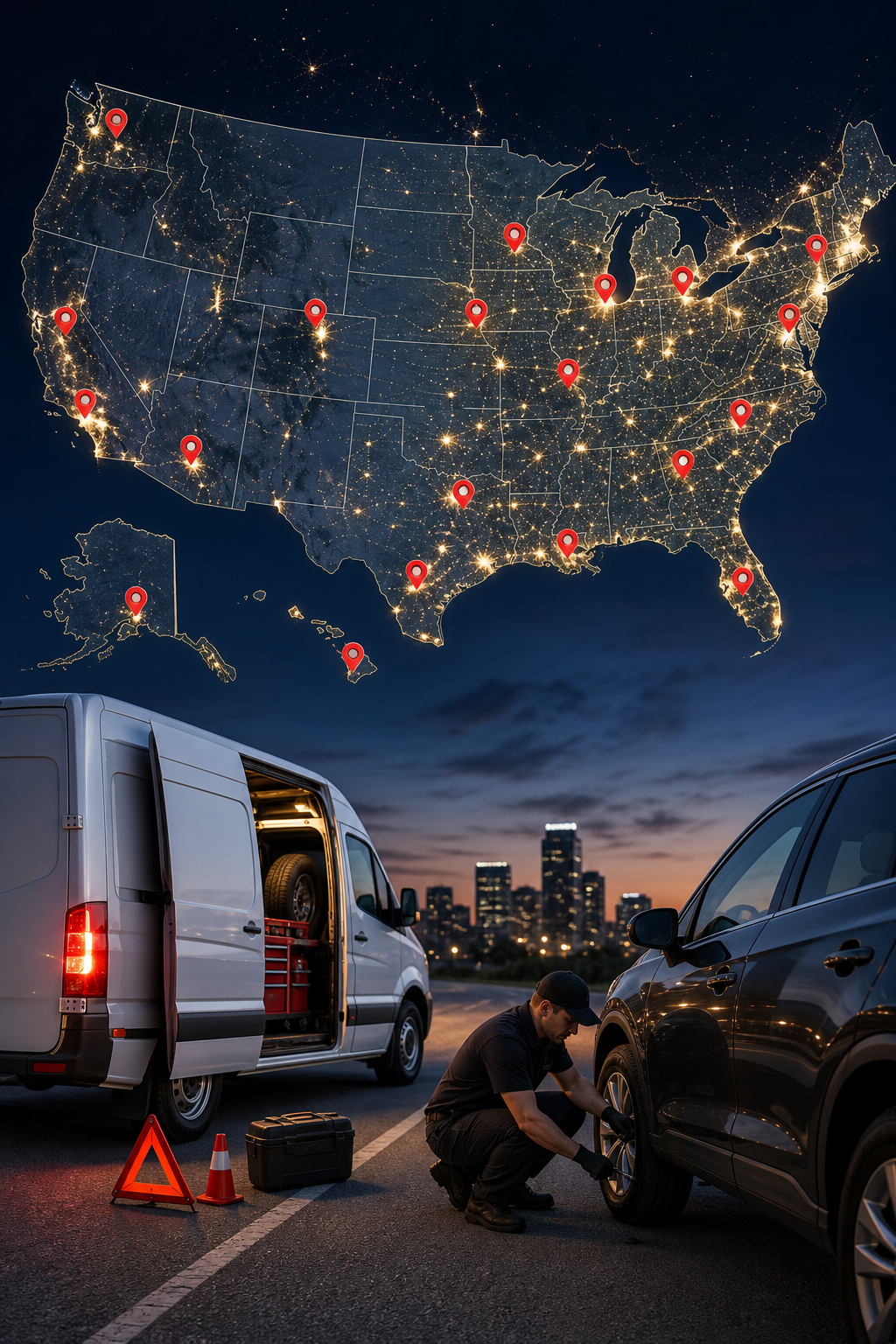 An illustration of a nationwide map highlighting coverage areas for a 24/7 tire rescue service, with pins across major U