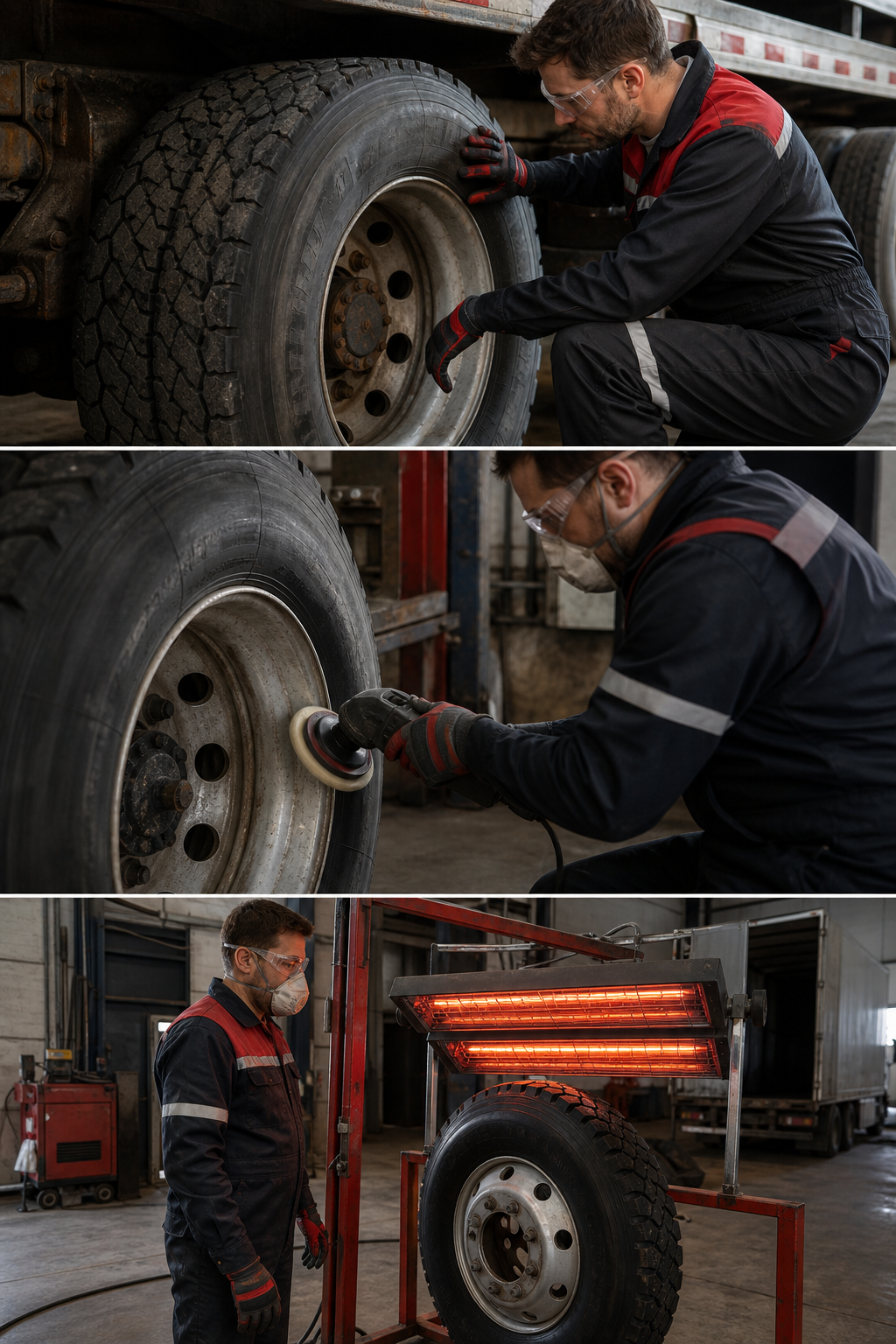 A realistic workshop scene showing technicians performing tire inspection, buffing, and curing steps on a heavy‑duty tru