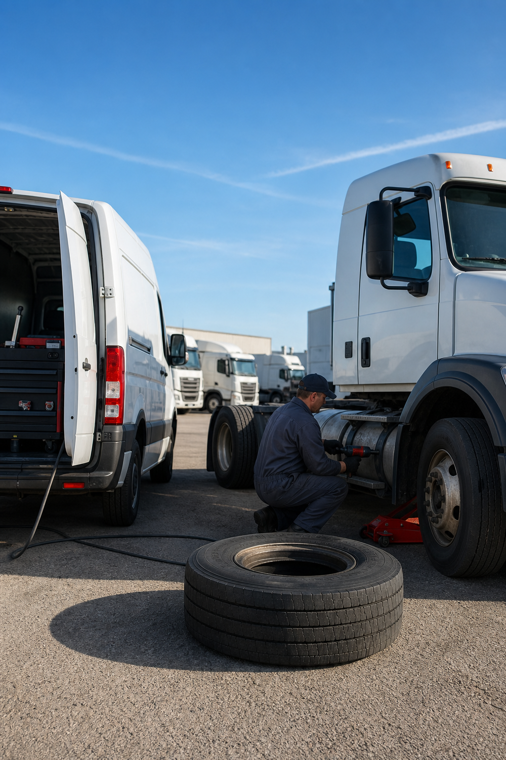 A realistic illustration of a fleet yard with trucks parked, a mobile service van from The Tire Specialist pulling up, a