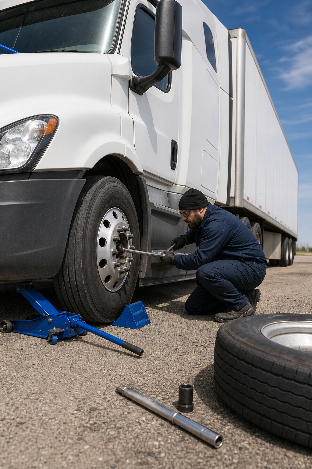 semi truck tire change safety setup