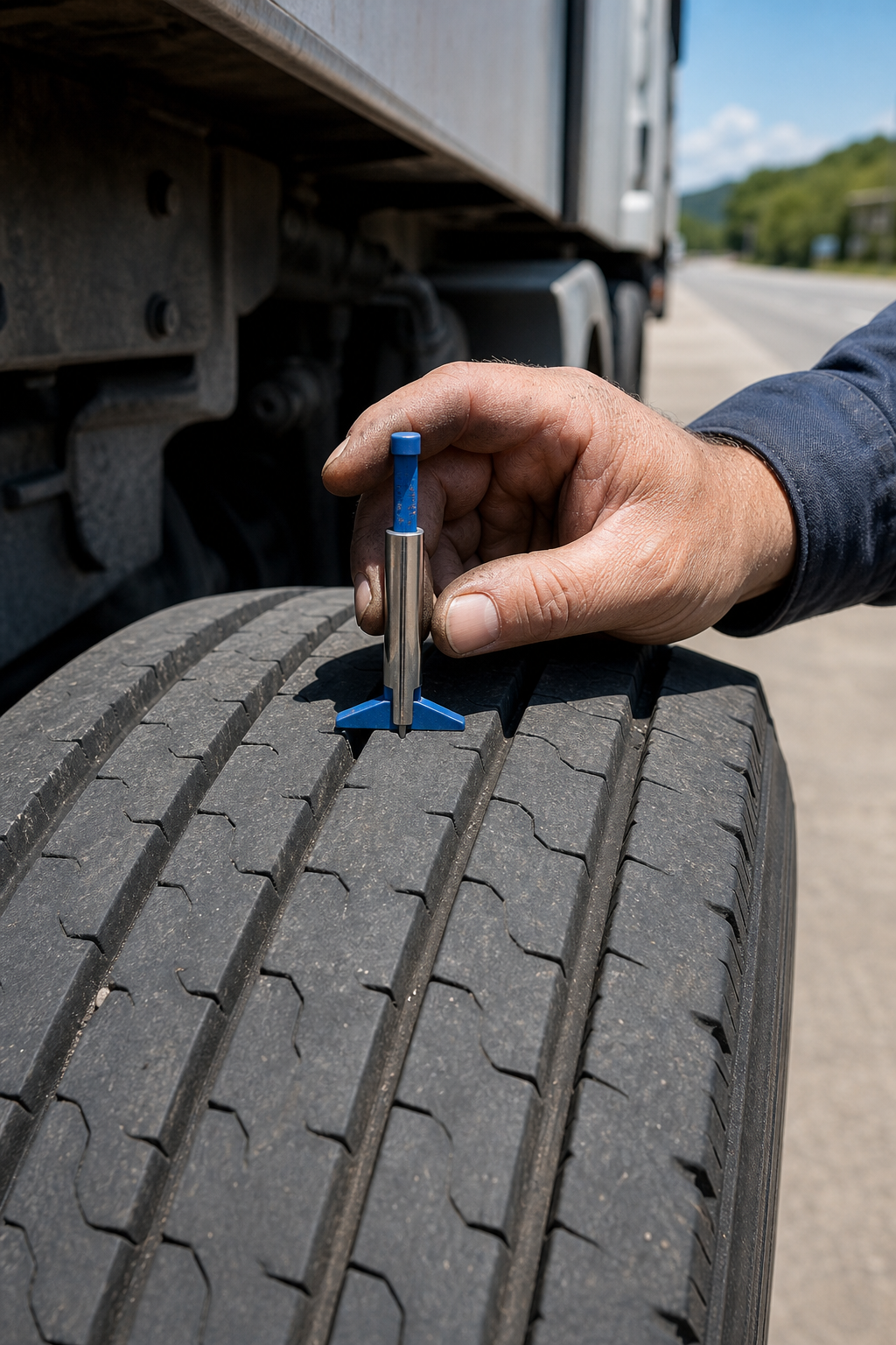 A realistic close‑up of a commercial truck tire tread showing measured depth marks and a handheld tread gauge, daylight,