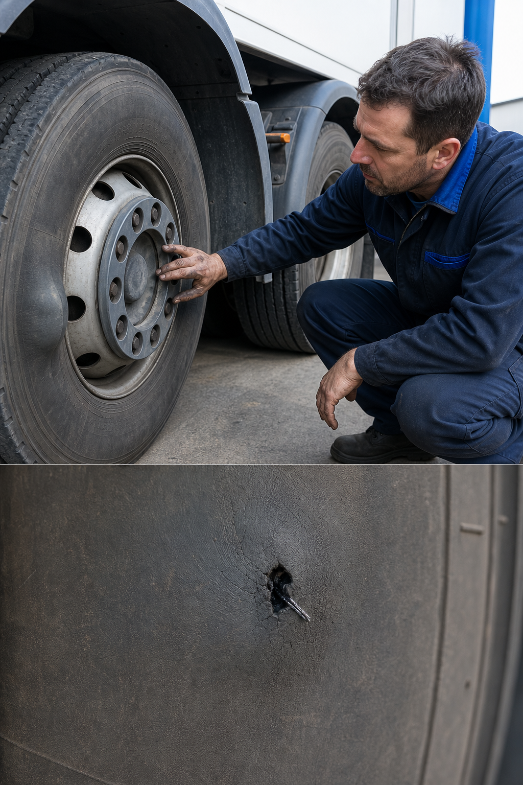 A realistic scene of a mechanic inspecting a truck tire sidewall, showing a visible bulge and a close‑up of a puncture, 