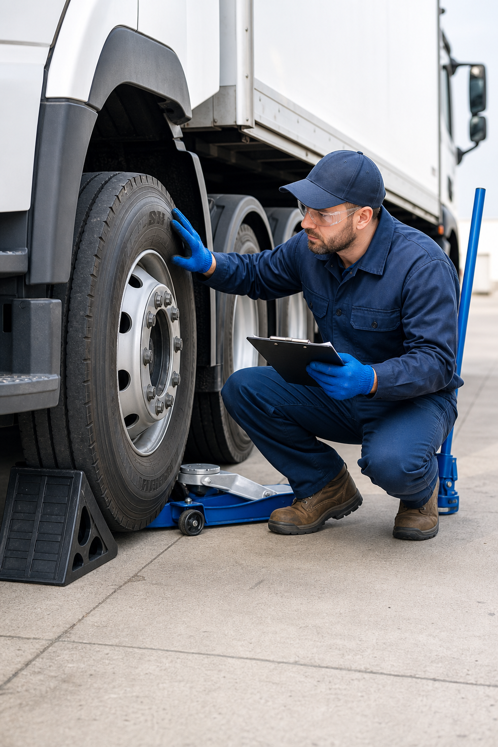 A realistic photo of a commercial truck on a level service pad, with blocks placed behind the rear wheels and a lifting