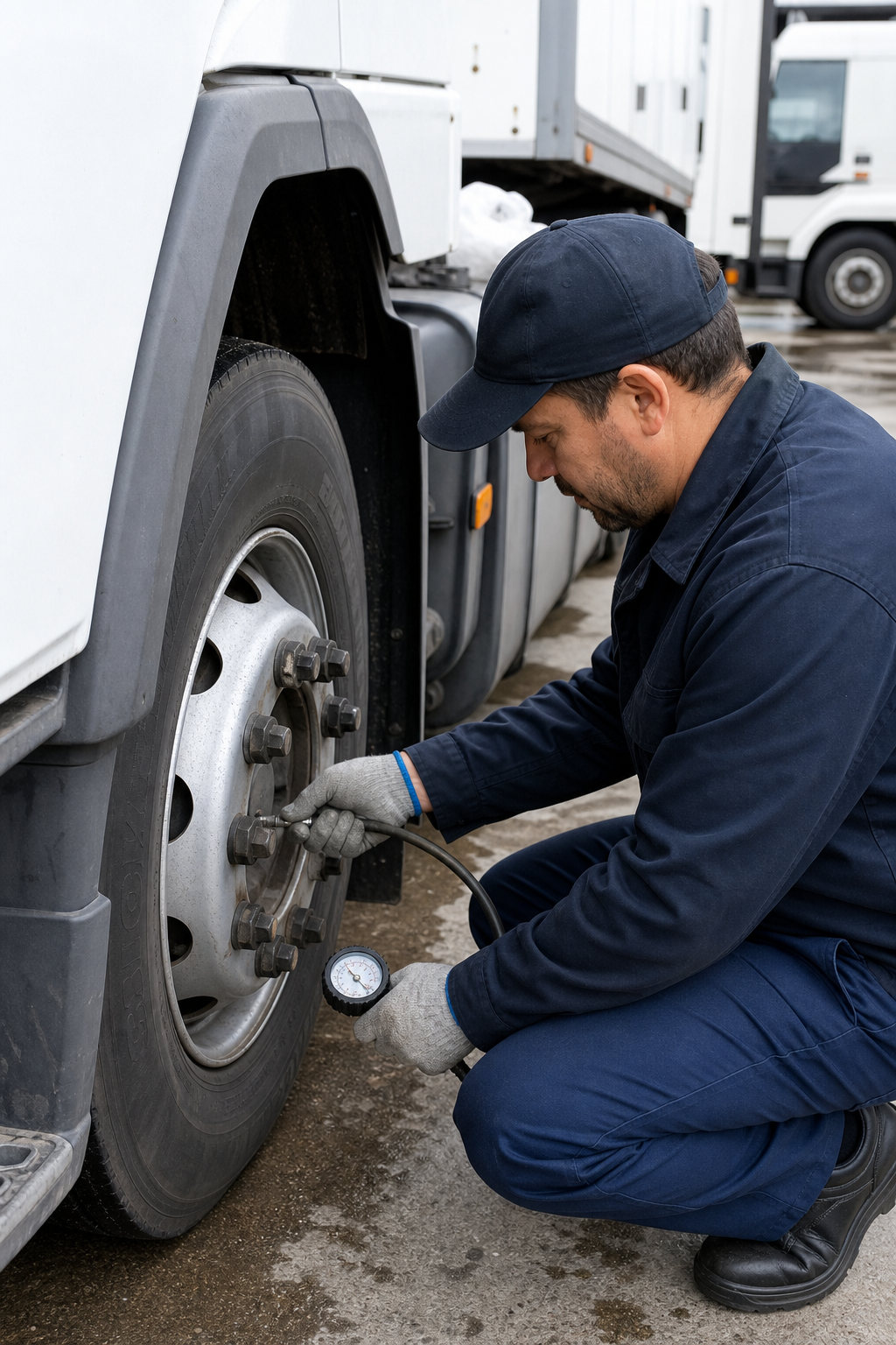 A realistic close‑up of a technician checking tire pressure on a commercial truck wheel, with the valve stem clearly vis