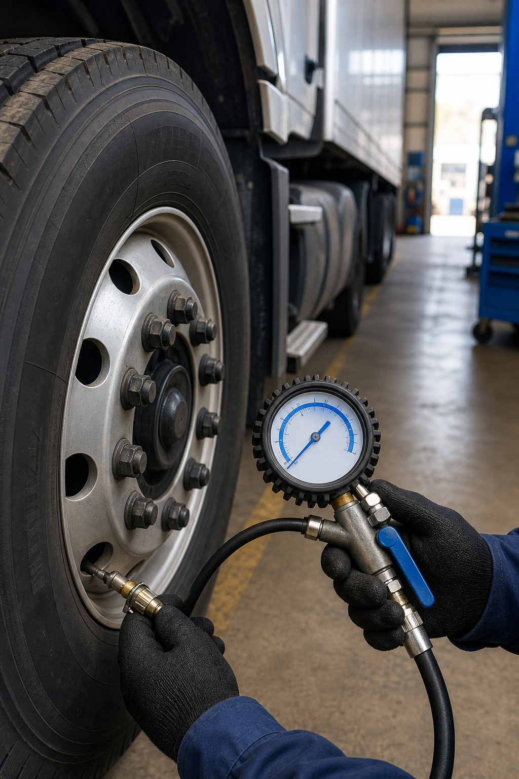 A realistic close‑up of a semi‑truck tire with a pressure gauge in a garage, showing the gauge reading clearly, backgrou