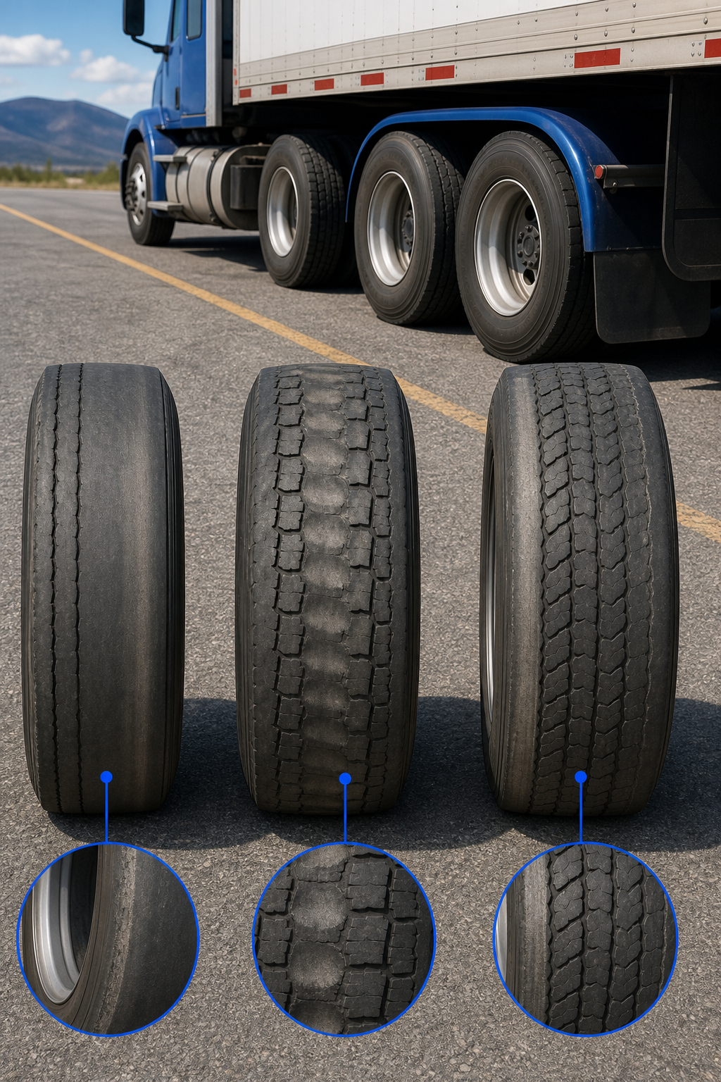 A realistic illustration of a semi‑truck tire showing different wear patterns (inner edge wear, cupping, heel‑to‑toe) on