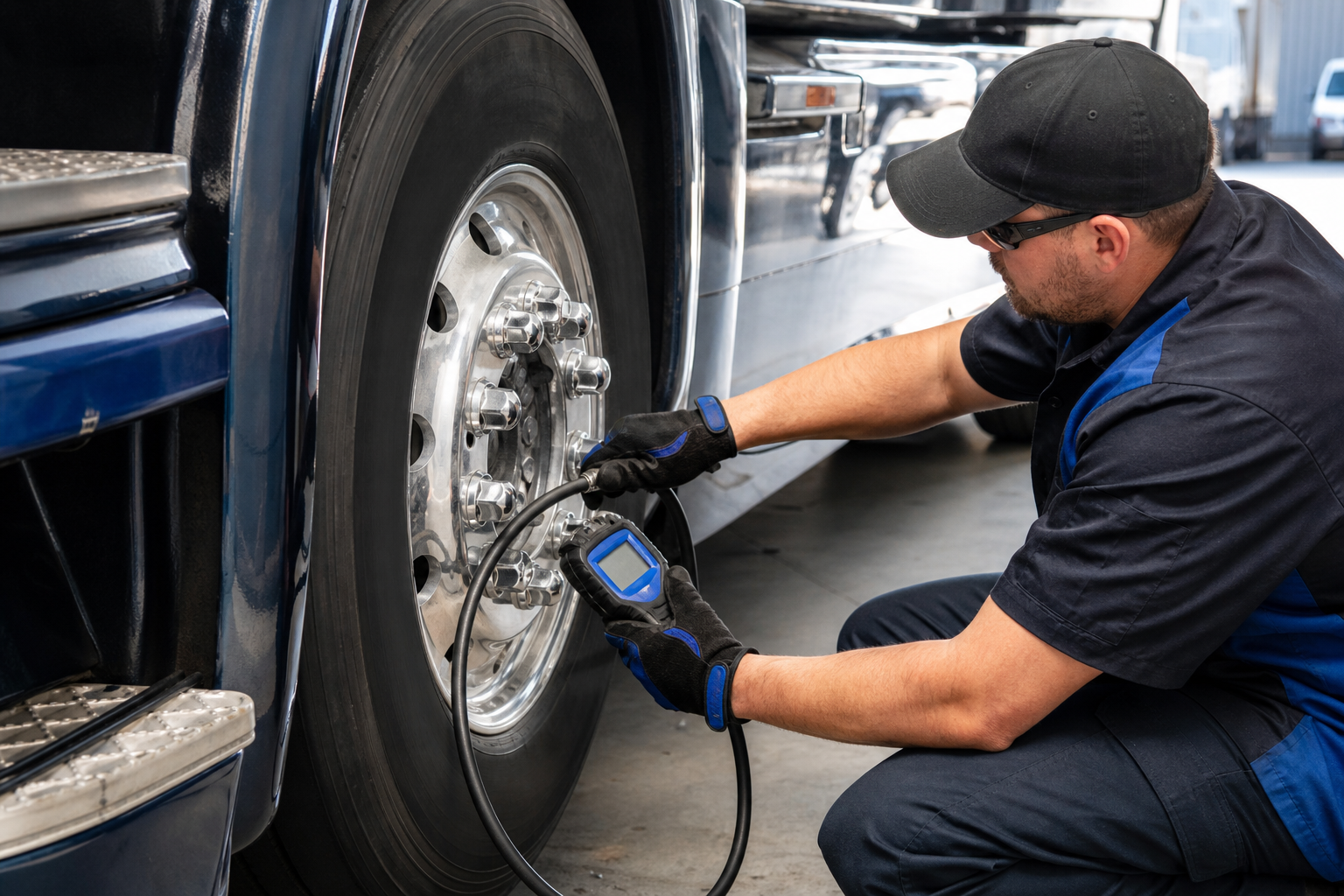truck tire pressure gauge in use