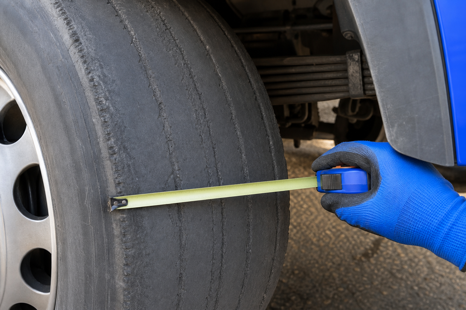 A close‑up of a truck tire showing uneven tread wear, side view with a measuring tape laid across the tire, realistic st