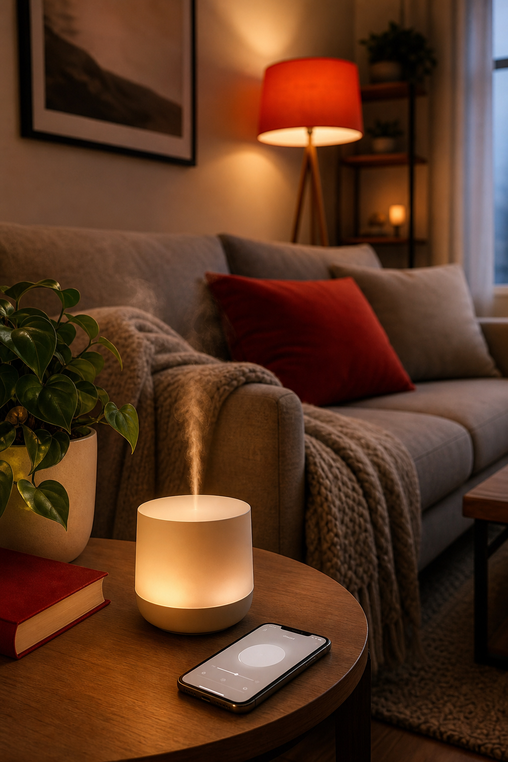smart-controlled heat-free diffuser in a small living room setting.